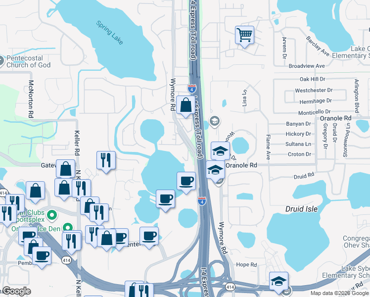 map of restaurants, bars, coffee shops, grocery stores, and more near 958 Lake Destiny Road in Altamonte Springs