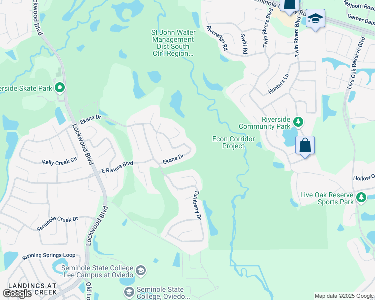 map of restaurants, bars, coffee shops, grocery stores, and more near 2521 Ekana Drive in Oviedo