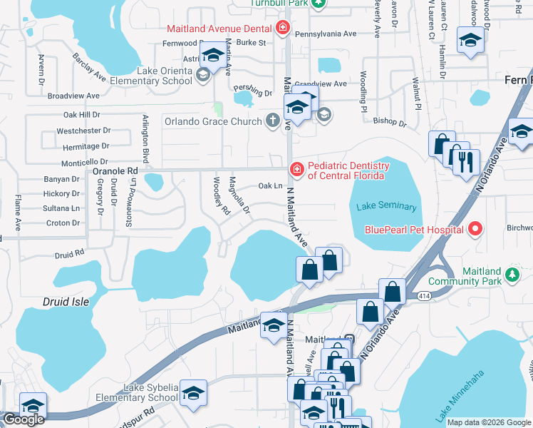 map of restaurants, bars, coffee shops, grocery stores, and more near 510 Lake Shore Drive in Maitland