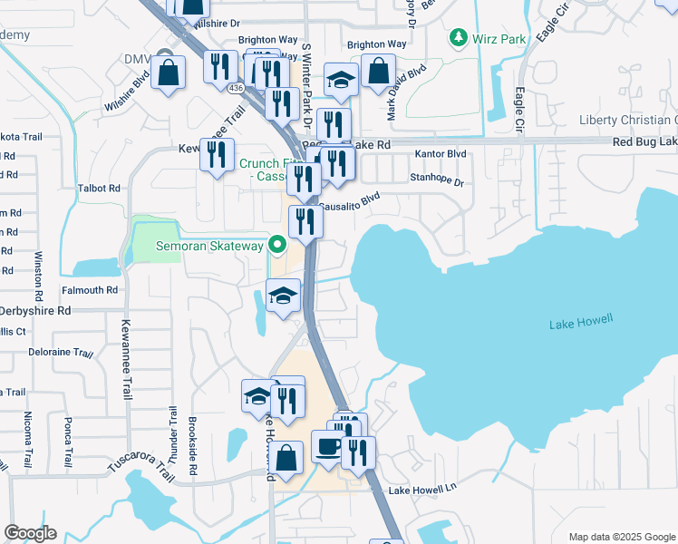 map of restaurants, bars, coffee shops, grocery stores, and more near 417 Georgetown Drive in Casselberry