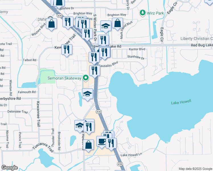 map of restaurants, bars, coffee shops, grocery stores, and more near 417 Georgetown Drive in Casselberry