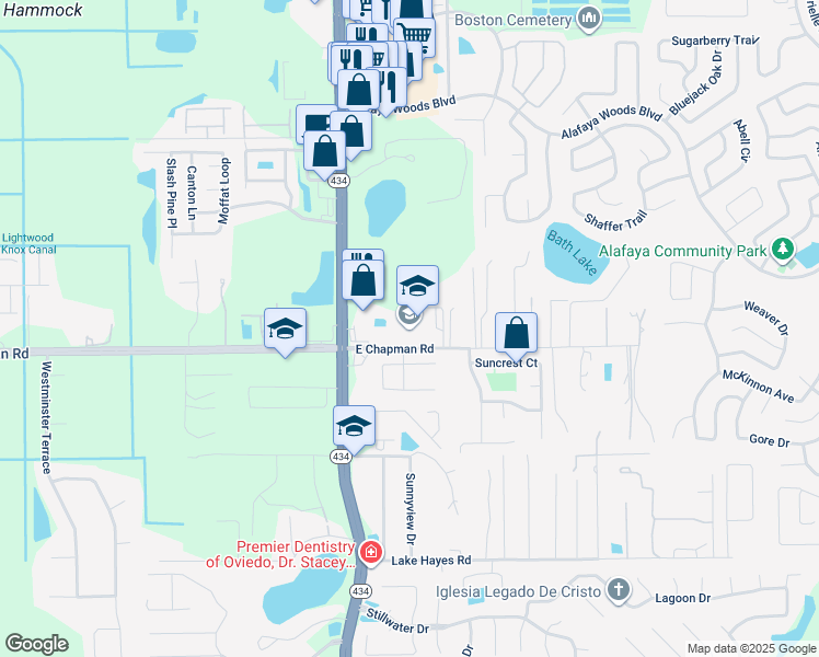 map of restaurants, bars, coffee shops, grocery stores, and more near 100 East Chapman Road in Oviedo