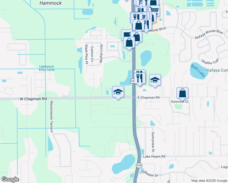 map of restaurants, bars, coffee shops, grocery stores, and more near 134 Callan Way in Oviedo