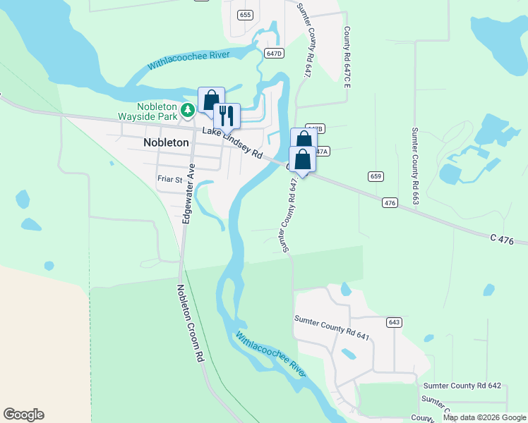map of restaurants, bars, coffee shops, grocery stores, and more near 7822 County Road 647 in Bushnell