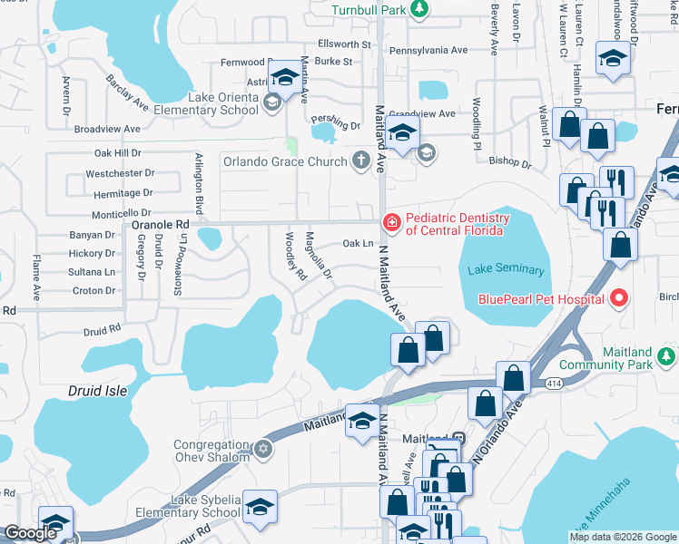 map of restaurants, bars, coffee shops, grocery stores, and more near 511 East Faith Terrace in Maitland