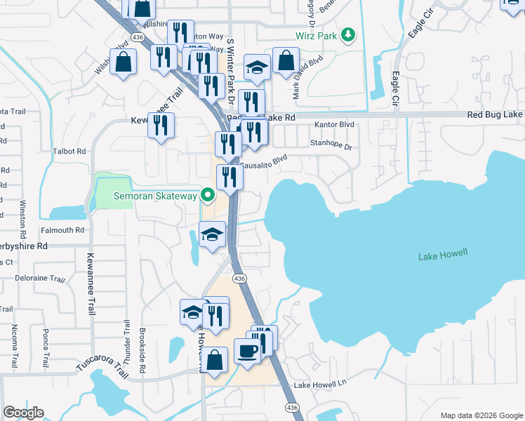 map of restaurants, bars, coffee shops, grocery stores, and more near 224 Georgetown Drive in Casselberry