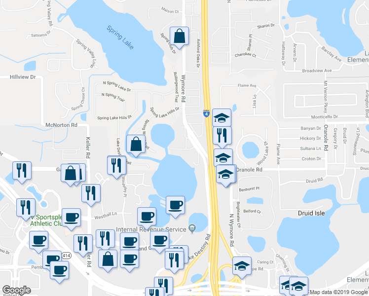 map of restaurants, bars, coffee shops, grocery stores, and more near 902 Lake Destiny Road in Altamonte Springs