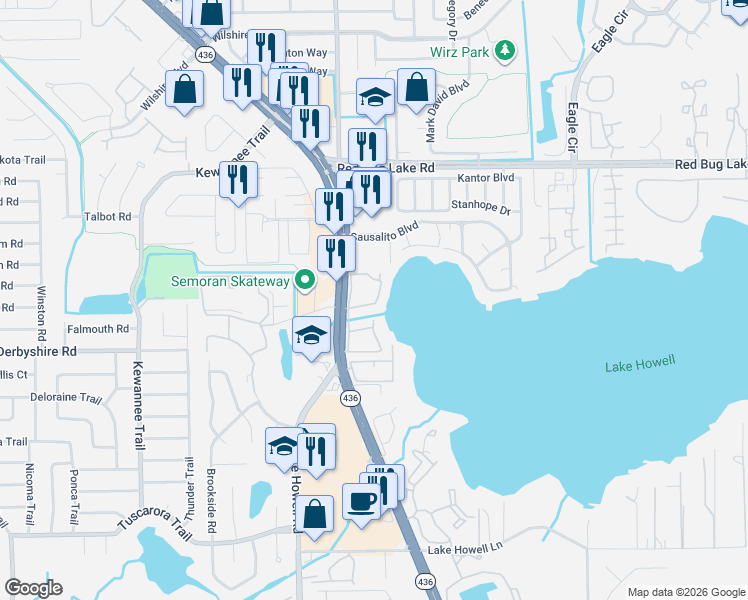 map of restaurants, bars, coffee shops, grocery stores, and more near 224 Georgetown Drive in Casselberry