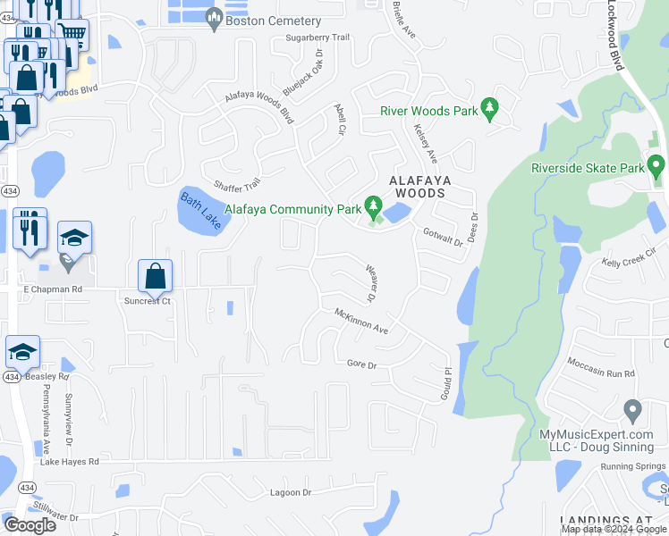 map of restaurants, bars, coffee shops, grocery stores, and more near 1017 Faircloth Court in Oviedo