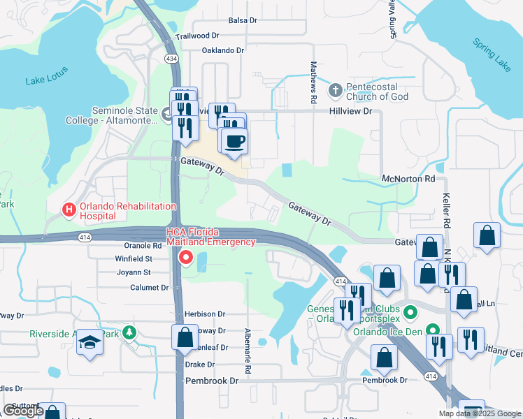 map of restaurants, bars, coffee shops, grocery stores, and more near 687 Carriage House Lane in Altamonte Springs