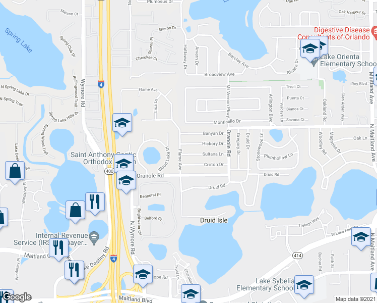 map of restaurants, bars, coffee shops, grocery stores, and more near 317 Sultana Lane in Maitland