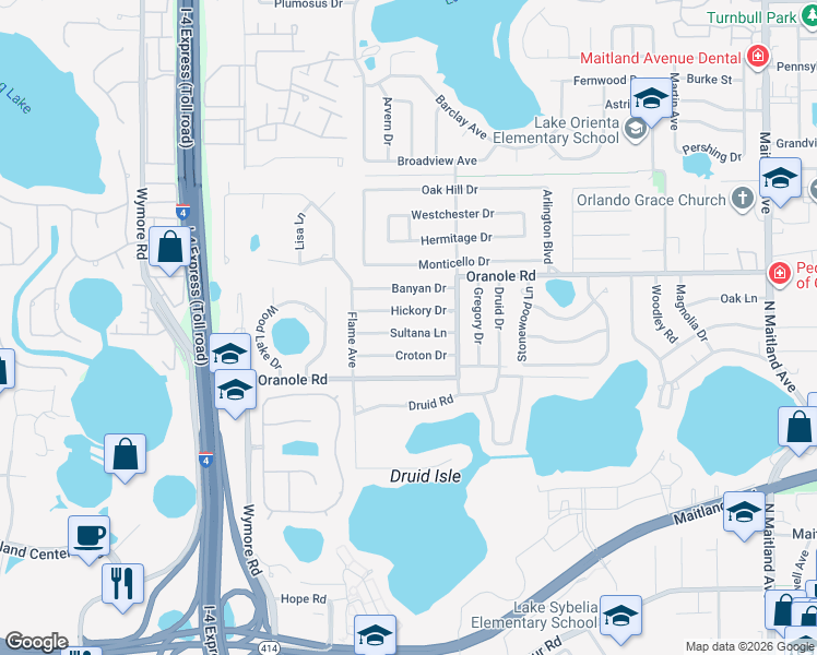 map of restaurants, bars, coffee shops, grocery stores, and more near 366 Hickory Drive in Maitland