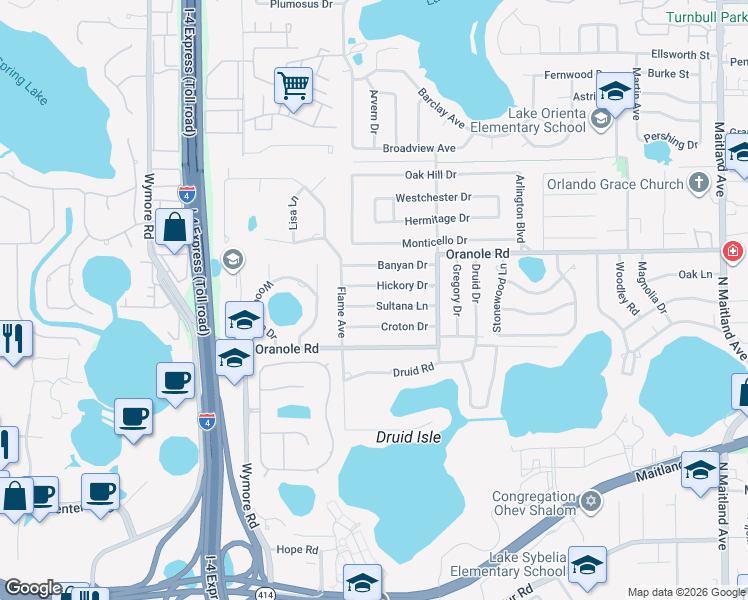 map of restaurants, bars, coffee shops, grocery stores, and more near 335 Sultana Lane in Maitland
