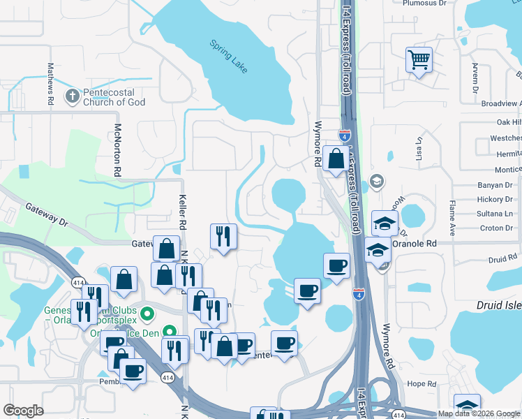 map of restaurants, bars, coffee shops, grocery stores, and more near 130 Spring Isle Trail in Altamonte Springs