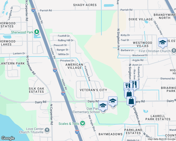 map of restaurants, bars, coffee shops, grocery stores, and more near 1675 Yorktown Avenue in Titusville