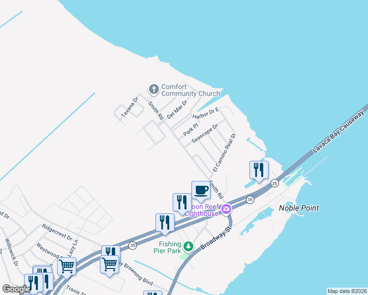 map of restaurants, bars, coffee shops, grocery stores, and more near Smith Road in Port Lavaca