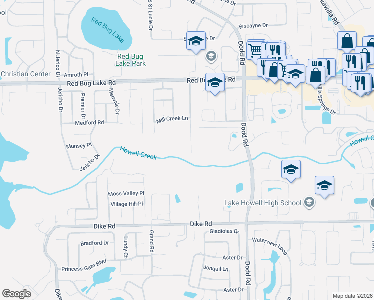 map of restaurants, bars, coffee shops, grocery stores, and more near 1077 Nodding Pines Way in Casselberry