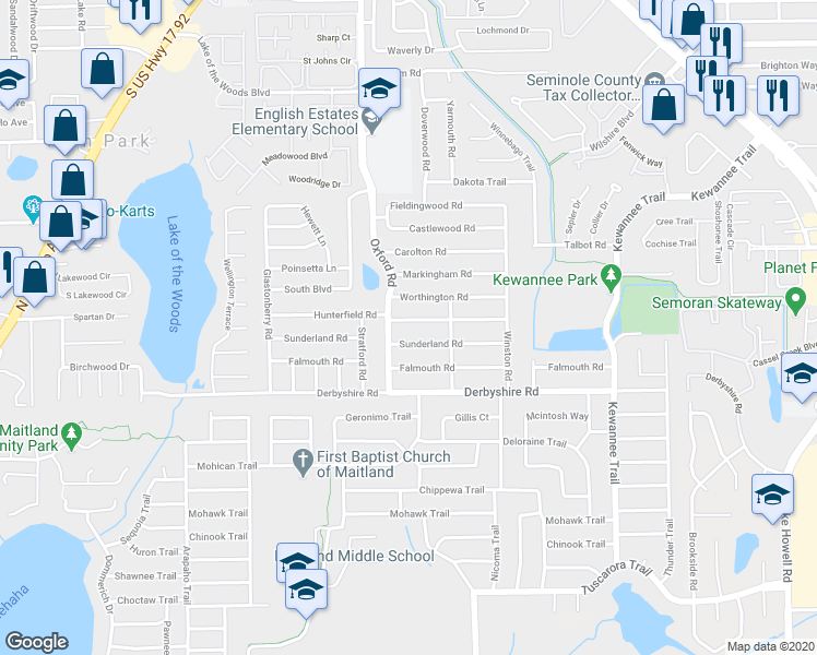 map of restaurants, bars, coffee shops, grocery stores, and more near 2340 Hunterfield Road in Maitland