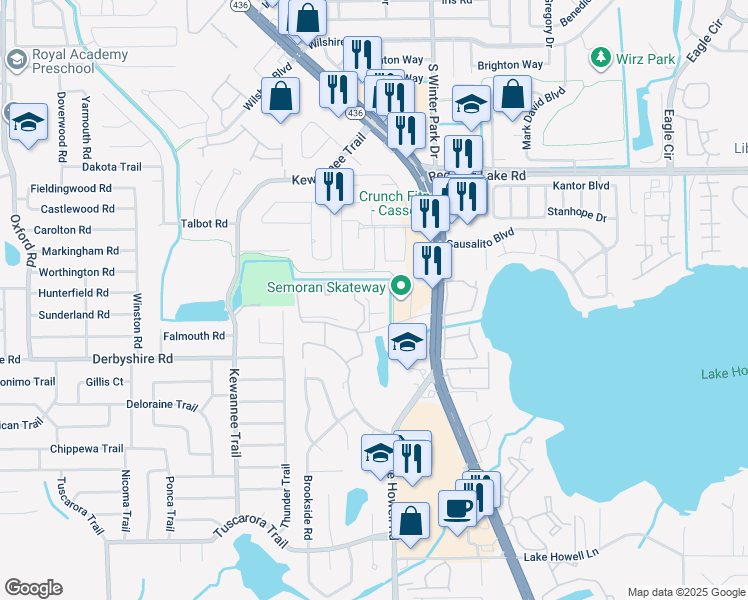map of restaurants, bars, coffee shops, grocery stores, and more near 2599 Derbyshire Circle in Casselberry