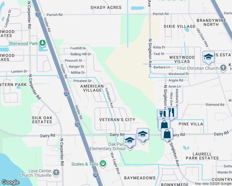 map of restaurants, bars, coffee shops, grocery stores, and more near 1675 Saratoga Drive in Titusville