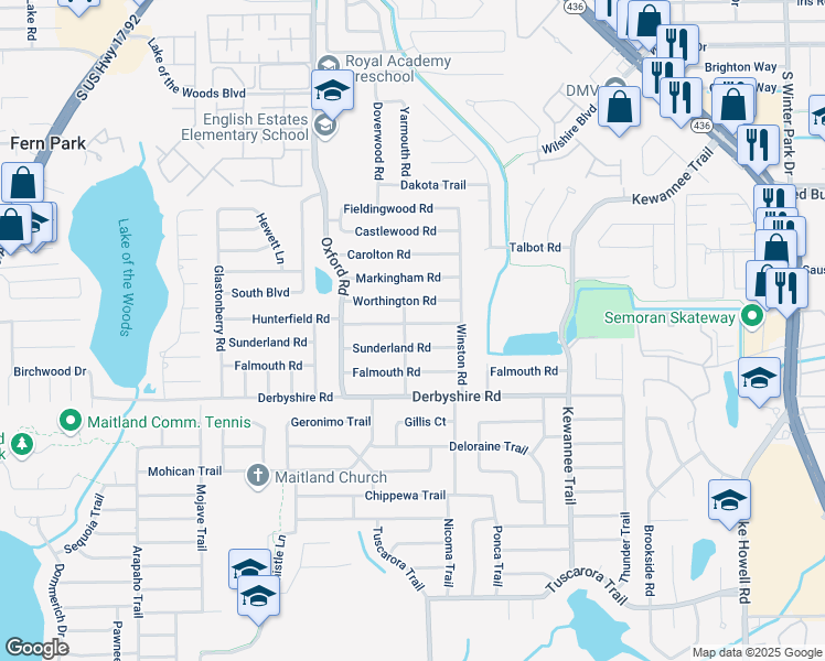 map of restaurants, bars, coffee shops, grocery stores, and more near 2353 Hunterfield Road in Maitland
