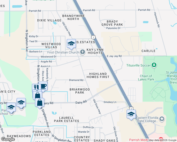 map of restaurants, bars, coffee shops, grocery stores, and more near 2805 Gregary Avenue in Titusville