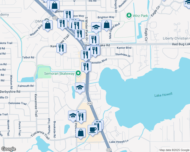 map of restaurants, bars, coffee shops, grocery stores, and more near 224 Georgetown Drive in Casselberry