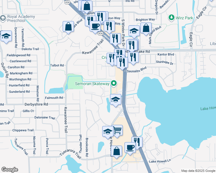map of restaurants, bars, coffee shops, grocery stores, and more near 2599 Derbyshire Circle in Casselberry