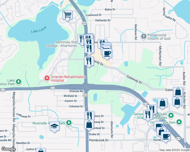 map of restaurants, bars, coffee shops, grocery stores, and more near 900 Hope Way in Altamonte Springs