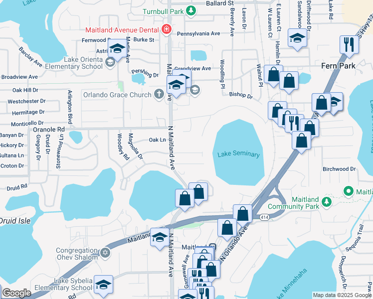 map of restaurants, bars, coffee shops, grocery stores, and more near 125 East Faith Terrace in Maitland