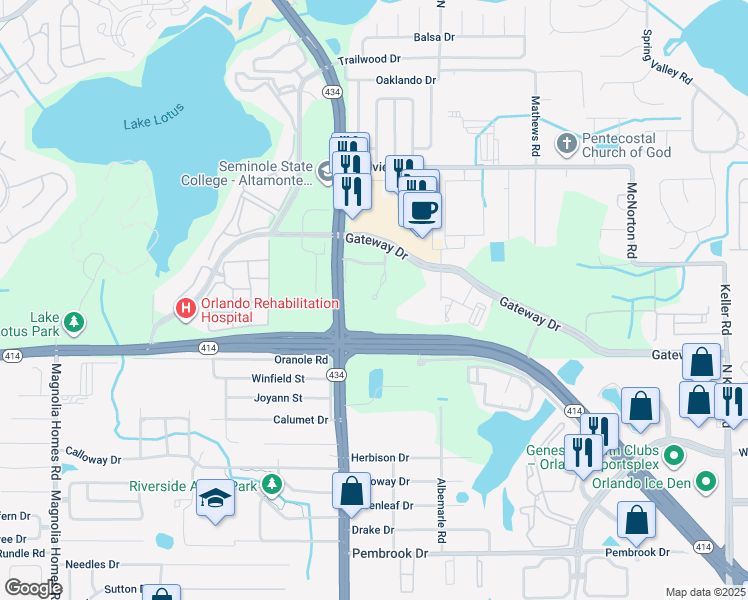 map of restaurants, bars, coffee shops, grocery stores, and more near 893 Hope Way in Altamonte Springs