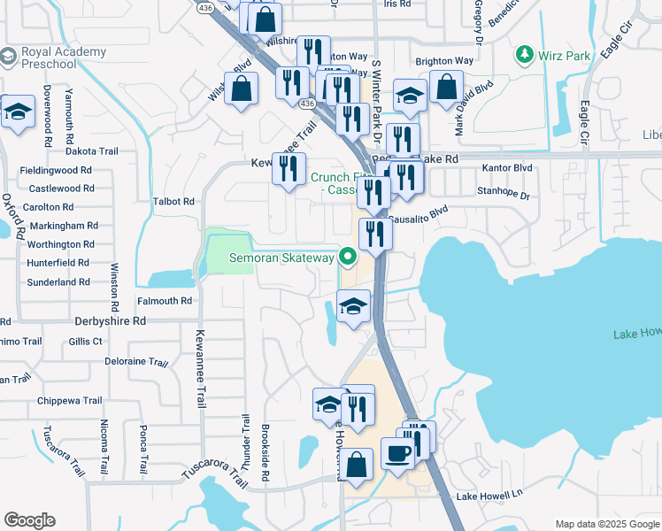 map of restaurants, bars, coffee shops, grocery stores, and more near 2599 Derbyshire Circle in Casselberry