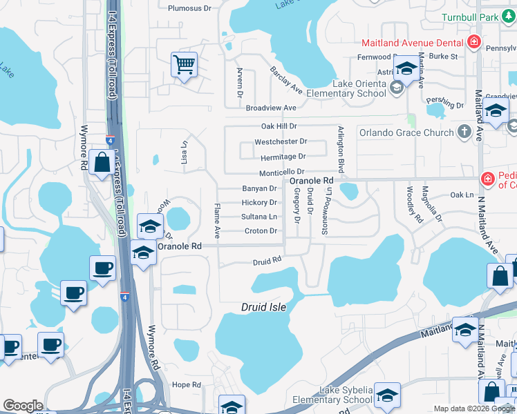 map of restaurants, bars, coffee shops, grocery stores, and more near 366 Hickory Dr in Maitland