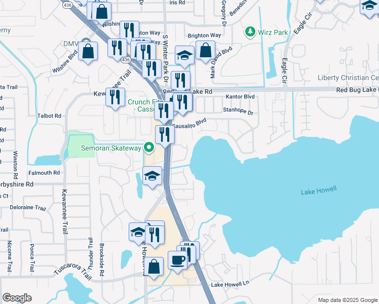 map of restaurants, bars, coffee shops, grocery stores, and more near 224 Georgetown Drive in Casselberry