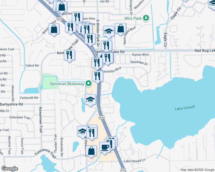 map of restaurants, bars, coffee shops, grocery stores, and more near 224 Georgetown Drive in Casselberry