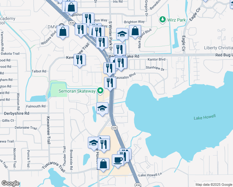 map of restaurants, bars, coffee shops, grocery stores, and more near 224 Georgetown Drive in Casselberry