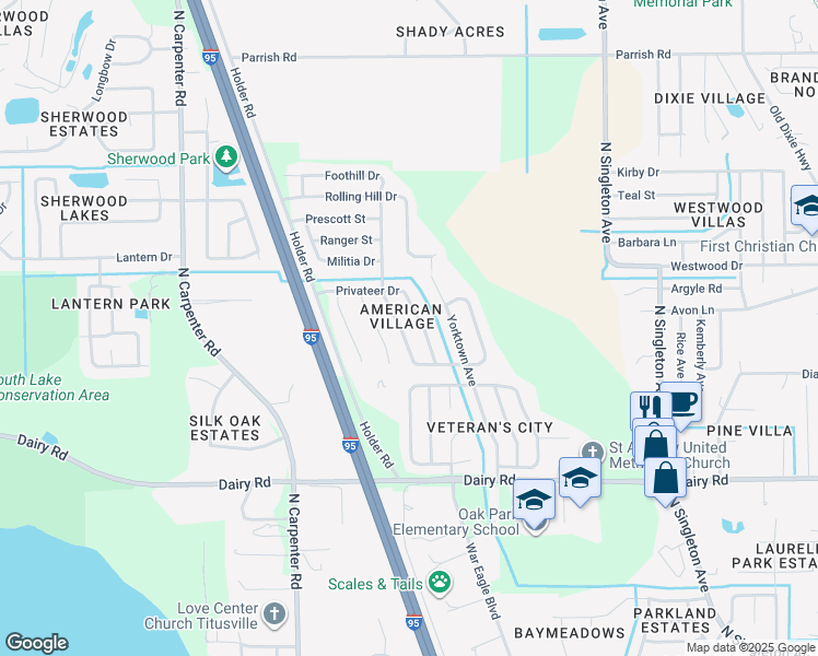 map of restaurants, bars, coffee shops, grocery stores, and more near 1655 Valley Forge Drive in Titusville