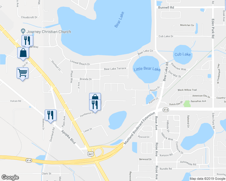 map of restaurants, bars, coffee shops, grocery stores, and more near 9259 Bent Arrow Cove in Apopka