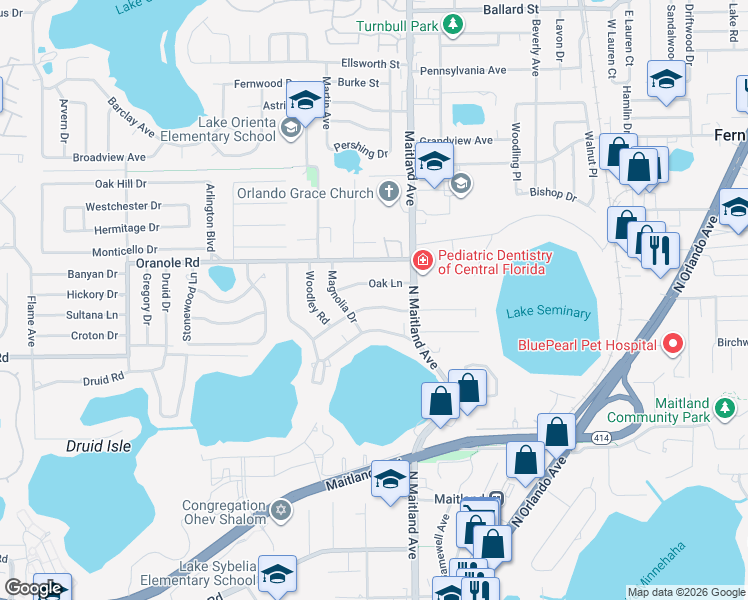 map of restaurants, bars, coffee shops, grocery stores, and more near 511 East Faith Terrace in Maitland