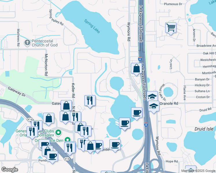 map of restaurants, bars, coffee shops, grocery stores, and more near 145 Spring Wood Trail in Altamonte Springs