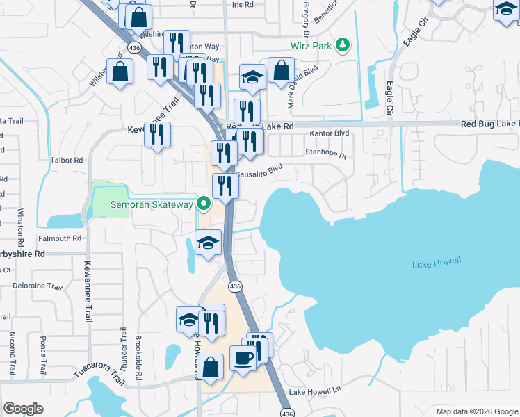 map of restaurants, bars, coffee shops, grocery stores, and more near 224 Georgetown Drive in Casselberry