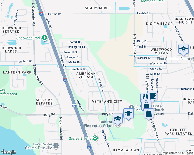 map of restaurants, bars, coffee shops, grocery stores, and more near 1690 Yorktown Avenue in Titusville