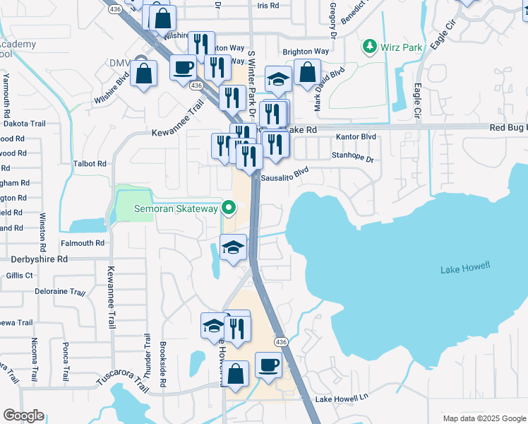 map of restaurants, bars, coffee shops, grocery stores, and more near 1095 Florida 436 in Casselberry
