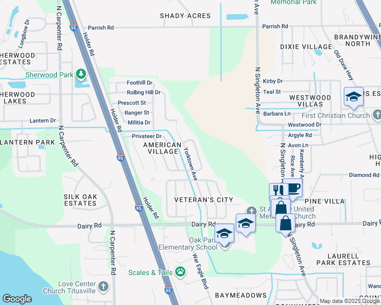 map of restaurants, bars, coffee shops, grocery stores, and more near 1685 Yorktown Avenue in Titusville