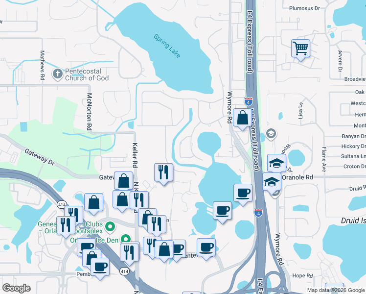 map of restaurants, bars, coffee shops, grocery stores, and more near 130 Spring Isle Trail in Altamonte Springs