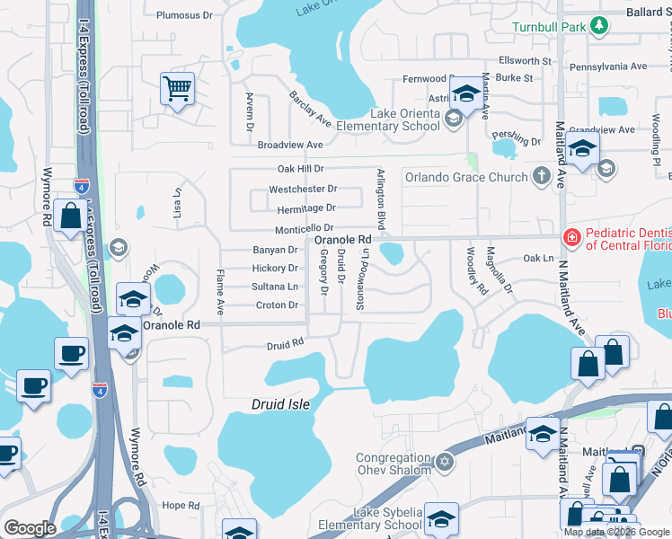 map of restaurants, bars, coffee shops, grocery stores, and more near 1035 Druid Drive in Maitland