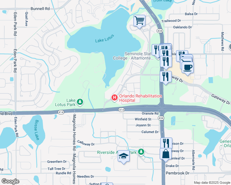 map of restaurants, bars, coffee shops, grocery stores, and more near 922 Lotus Vista Drive in Altamonte Springs