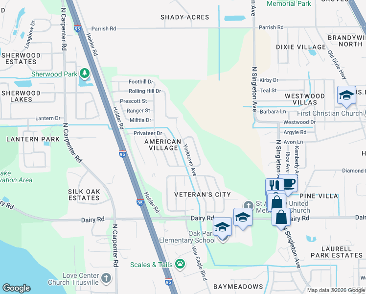 map of restaurants, bars, coffee shops, grocery stores, and more near 1690 Yorktown Avenue in Titusville