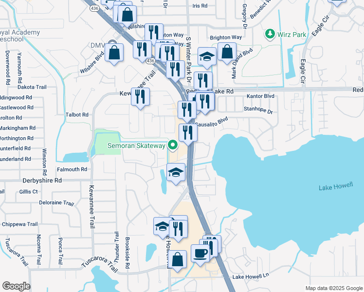map of restaurants, bars, coffee shops, grocery stores, and more near 1095 Florida 436 in Casselberry