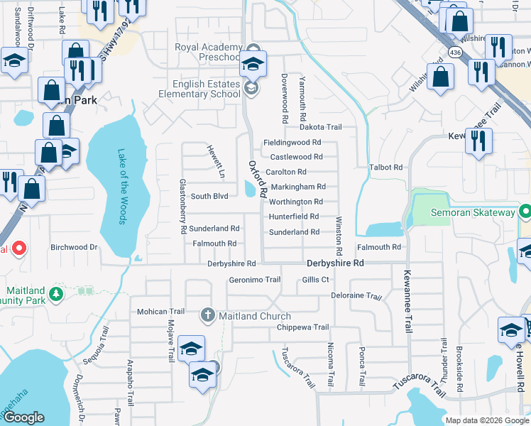 map of restaurants, bars, coffee shops, grocery stores, and more near 2341 Hunterfield Road in Maitland